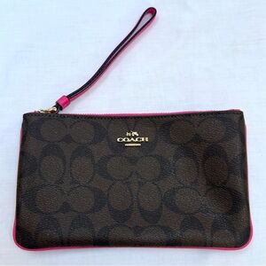 COACH Large Zipper Wristlet Signature Coated Canvas Brown Bright Fuschia
